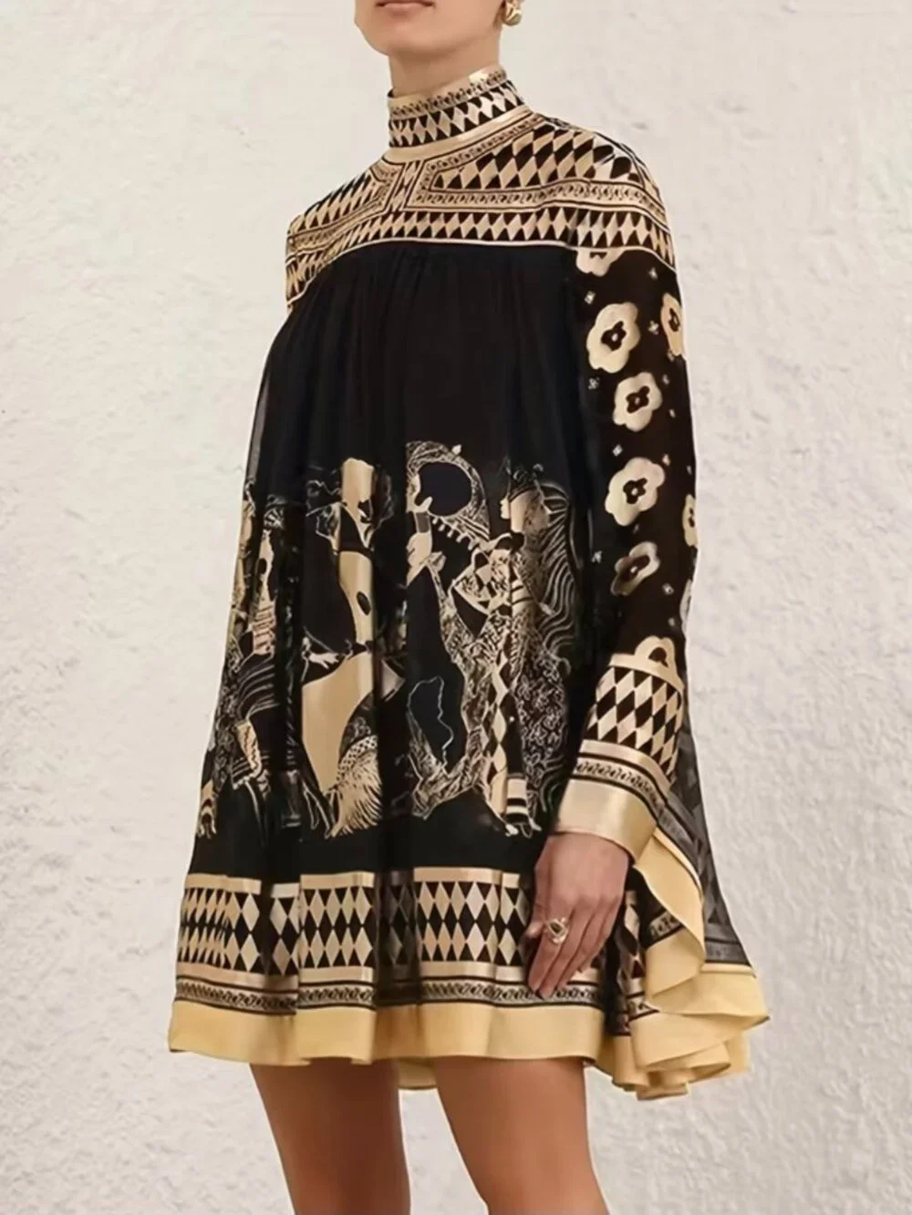 Women'S Bronze Ethnic Print Stand Collar Long-Sleeved Short Dress, Casual
